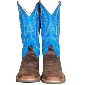 Justin Cowboy Boots Blue Leather Square Toe Western Riding Boots Kid's Size 3D